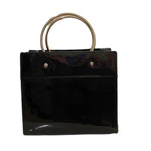 Love Vegan Sparkly Shiny Black Box Purse Faux Vegan Leather Circle Metal Handbag